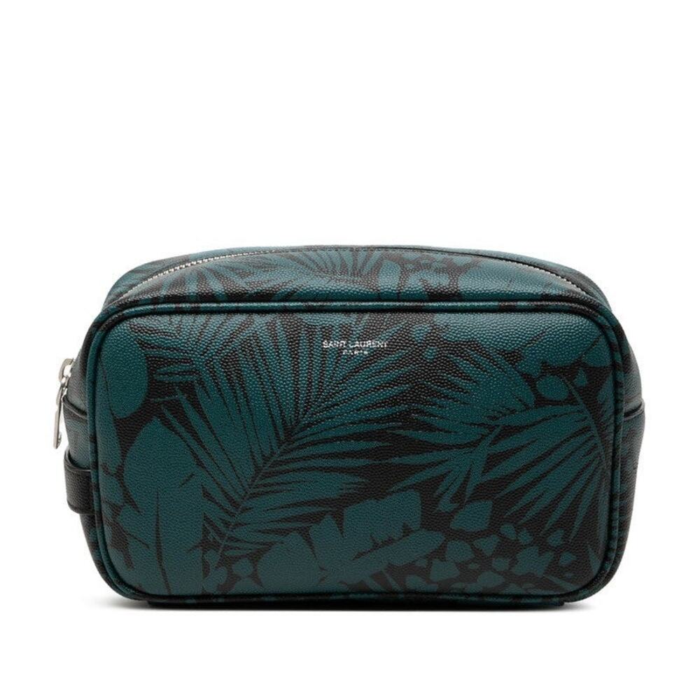 Saint Laurent Logo Botanical Palm Leaf Print Pouch Green